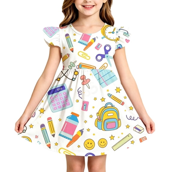 Bysome Girls Dress First Day of School Cartoon Print Short Sleeve Crew Neck Dresses Back to School Soft Girls Dress Size 5-6 Years White