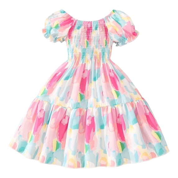 Bysome Girls Dress Flower Print Short Sleeve Crew Neck Summer Soft Girls Dresses Size 5-6 Years Pink