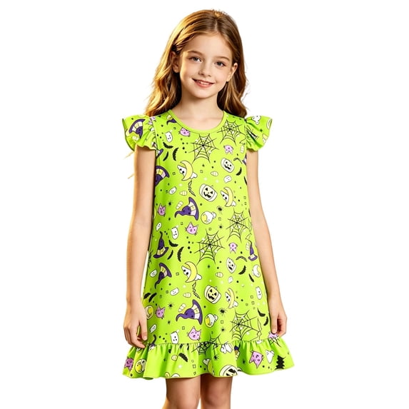Bysome Girls Dress Graphic Print Short Sleeve Crew Neck Dresses Halloween Comfortable Girls Dress Size 4-5 Years Green