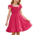 thumbnail image 1 of Bysome Girls Dress Solid Color Flutter Sleeve Square Neck Pleated Summer Cozy Soft Toddler Kids Girls Dresses Size 7-8 Years Red, 1 of 7