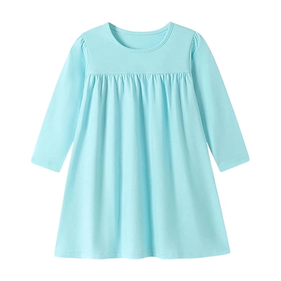 Bysome Girls Dresses Solid Color Long Sleeve Crew Neck Dress Fashion Girls Dresses Size 2-3 Years Light Blue