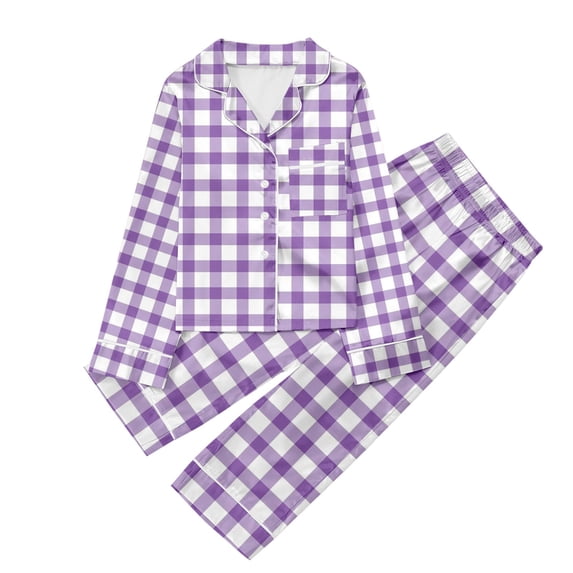 Bysome Girls Homewear Plaid Long Sleeve Lapel Neck T-Shirt With Pants Nightwear Comfortable Girls Homewear Size 9-10 Years Light Purple
