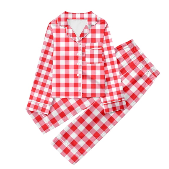Bysome Girls Nightwear Plaid Long Sleeve Lapel Neck Tees With Pants Homewear Casual Girls Nightwear Size 11-12 Years Red