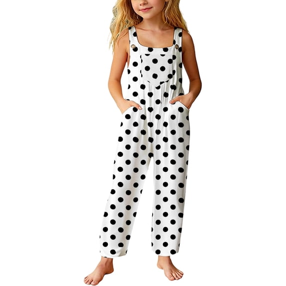 Bysome Girls Onesie Polka Dot Sleeveless Square Neck Rompers Summer Lightweight Girls Jumpsuits Size 13-14 Years White