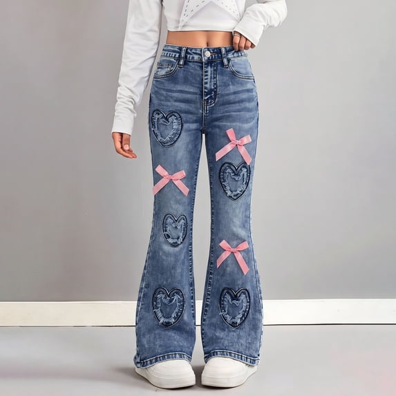 Bysome Girls Pants Bowtie Elastic Waist With Pockets Flared Trousers Comfortable Girls Pants Size 8-9 Years Blue