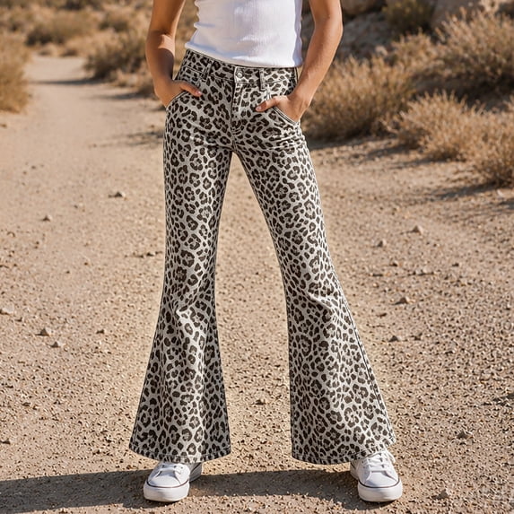 Bysome Girls Pants Leopard Print Elastic Waist With Pockets Flared Trousers Fashion Girls Pants Size 7-8 Years Light Gray