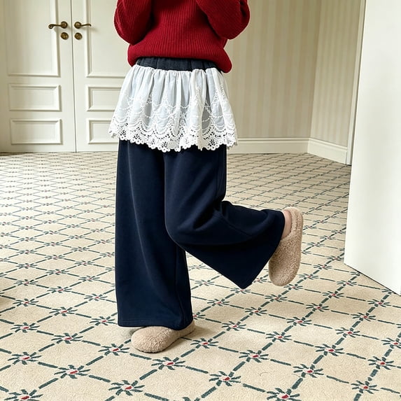 Bysome Girls Pants Solid Color Elastic Waist With Pockets Wide Leg Trousers Soft Girls Pants Size 9-10 Years Navy