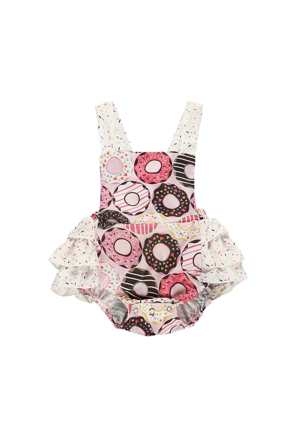 Girls Rompers Doughnut Print Sleeveless Square Neck Jumpsuits Summer Smooth Girls Onesie Size 6-12 Months White