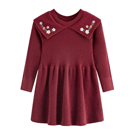 Bysome Girls Sweaters Flower Embroidery Long Sleeve Crew Neck Dress Autumn Casual Girls Sweaters Size 6-7 Years Red