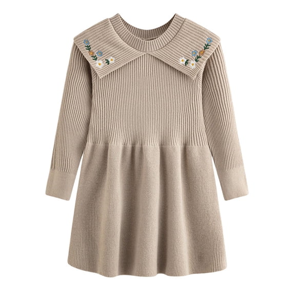 Bysome Girls Sweaters Flower Embroidery Long Sleeve Crew Neck Dress Autumn Thermal Girls Sweaters Size 3-4 Years Beige