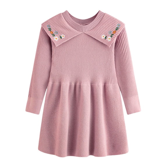 Bysome Girls Sweaters Flower Embroidery Long Sleeve Crew Neck Dress Autumn Thermal Girls Sweaters Size 6-7 Years Pink