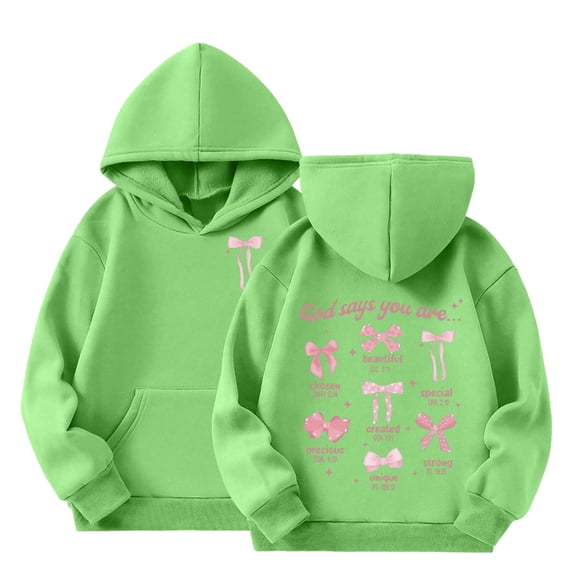 Bysome Girls Sweatshirt Bowtie Print Long Sleeve Hooded Shirts Autumn Thermal Girls Sweatshirt Size 7-8 Years Green