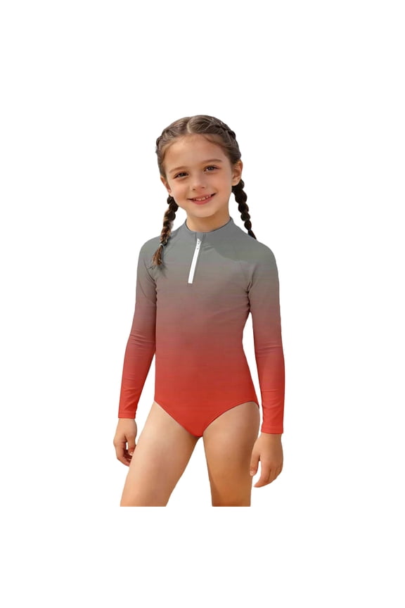 Girls Swim Wear Gradient Long Sleeve Mandarin Collar Swimsuits Summer Smooth Girls Swimsuits Size 11-12 Years Red