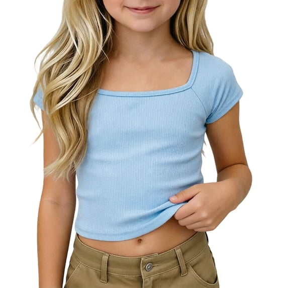 Bysome Girls T-Shirt Solid Color Short Sleeve Square Neck Shirt Summer Breathable Toddler Girls T-Shirt Size 4-5 Years Light Blue
