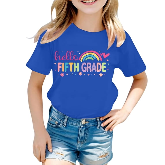 Bysome Girls Tops Summer Back to School Cartoon Print Short Sleeve Crew Neck Tees First Day of School Lightweight Girl Shirts Size 1-2 Years Blue