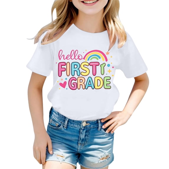 Bysome Girls Tops Summer Back to School Letter Rainbow Print Short Sleeve Crew Neck Tees First Day of School Casual Girl Shirts Size 1-2 Years White