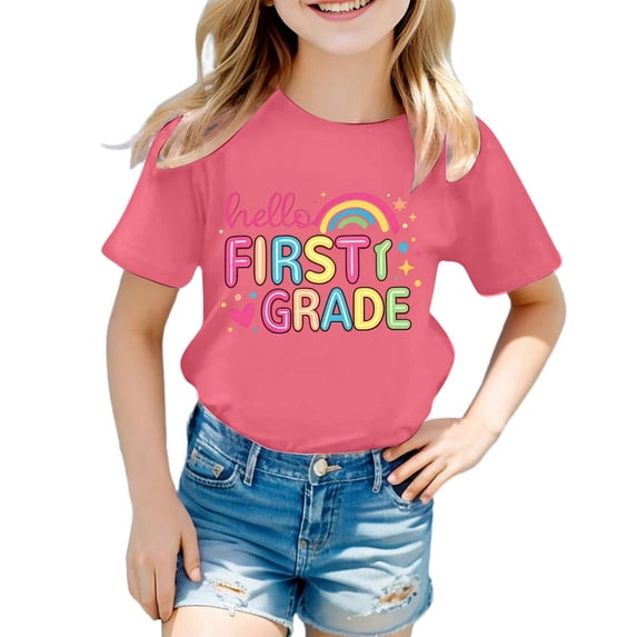 Bysome Girls Tops Summer Back to School Letter Rainbow Print Short Sleeve Crew Neck Tees First Day of School Smooth Girl Shirts Size 1-2 Years Pink