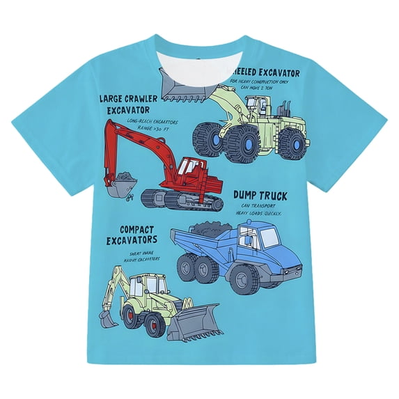Bysome Boys Tops Summer Cartoon Excavator Print Short Sleeve Crew Neck Tees Breathable Boys Shirt Size 2-3 Years Sky Blue