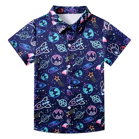 Bysome Boys Tops Summer Graphic Print Short Sleeve Lapel Neck Tees Comfortable Boys Shirt Size 2-3 Years Dark Blue