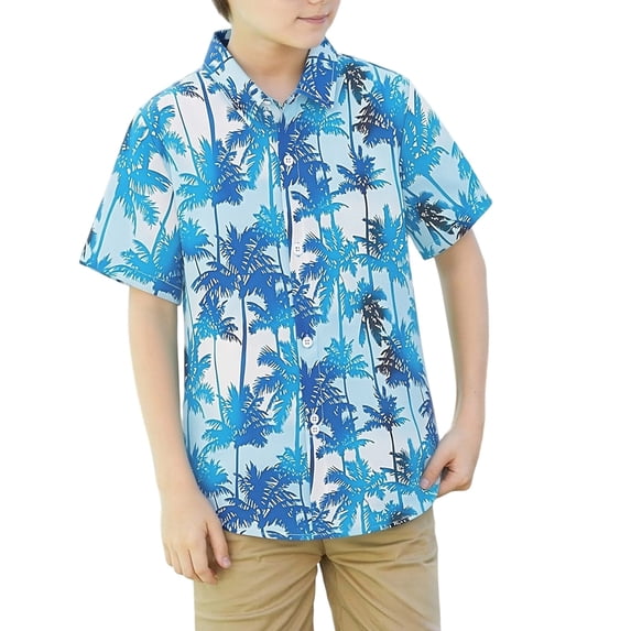 Bysome Boys Tops Summer Tree Print Short Sleeve Lapel Neck Tees Breathable Boys Shirt Size 3-4 Years Sky Blue
