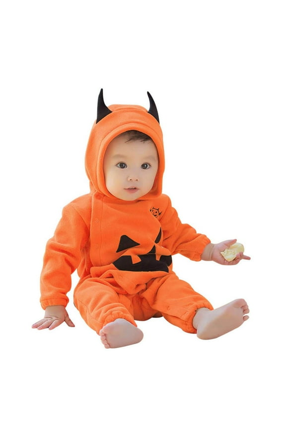 Halloween Onesie Baby Boy Girl Pumpkin Print Romper Long Sleeve Hooded Neck Orange Warm Comfortable Fall Winter Halloween Onesies For Baby Infant Size 18-24 Months