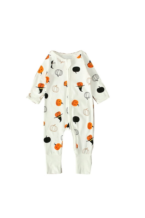 Halloween Onesie Baby Boy Girl Size 3-6 Months Fall Winter Romper With Zipper Long Sleeve Crew Neck White Pumpkin Print Warm Casual Halloween Onesies For Baby