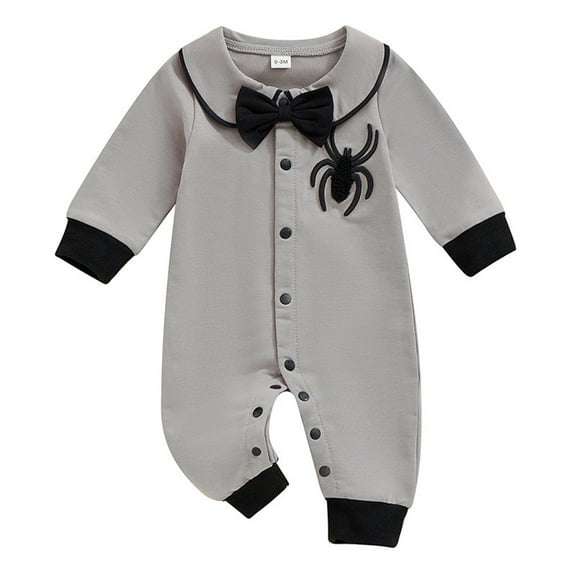 Bysome Halloween Romper Size 12-18 Months Grey Long Sleeve Crew Neck Romper Spider Print Soft Warm Fall Winter Halloween Onesies For Baby