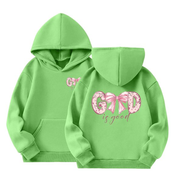 Bysome Little Girls Hoodies Child Fall Hooded Long Sleeve Letter Print Casual Green Pullover Tops Size 5-6 T