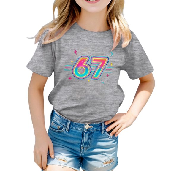 Bysome Little Girls Tee For Child Crew Neck Short Sleeve Outdoor Activities Tops Number Print Outdoor Shirts Grey Size 10-11 T