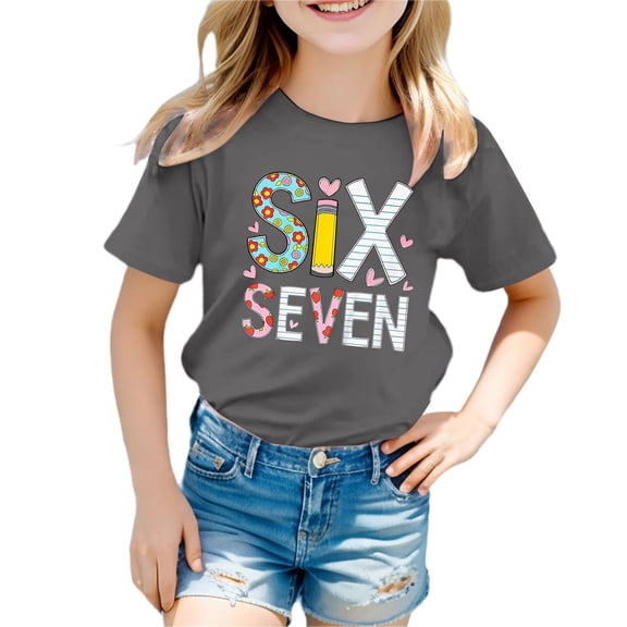 Bysome Little Girls Tee Size 4-5 T Short Sleeve Crew Neck Tops Casual Outdoor Activities Number Print Grey T-Shirts