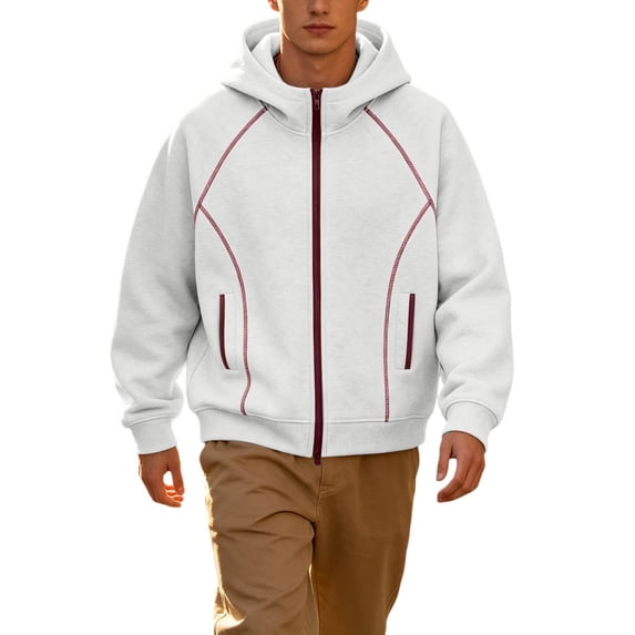Bysome Men Hoodies Colorblock Zip Long Sleeve Hooded Shirts Autumn Casual Men Hoodie Size 2XL White