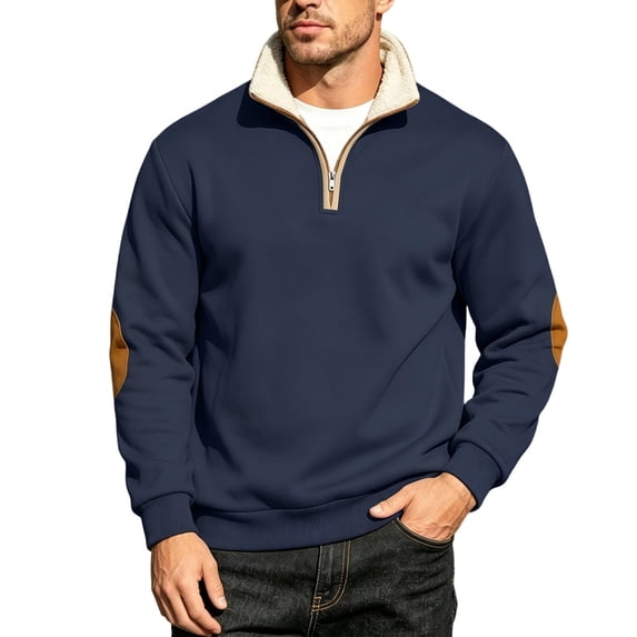 Bysome Men Sweatshirts Colorblock Zip Long Sleeve Mandarin Collar Shirts Autumn Fashion Men Sweatshirt Size L Navy