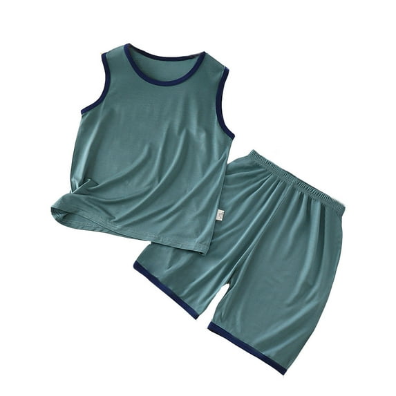 Bysome Pajamas Set For Boy Size 13-14 Years Dark Green Solid Color Casual Loose Shirts Crew Neck Sleeveless And Shorts Summer Boy Nightwear Set