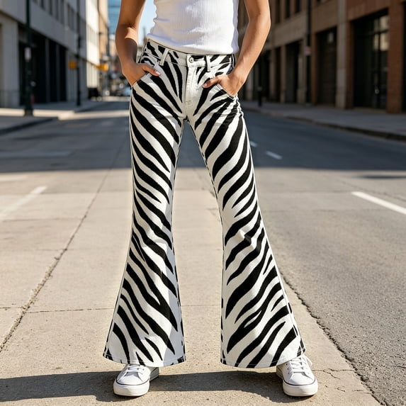 Bysome Pants For Girls Striped Print Elastic Waist With Pockets Flared Trousers Soft Girls Pants Size 5-6 Years White