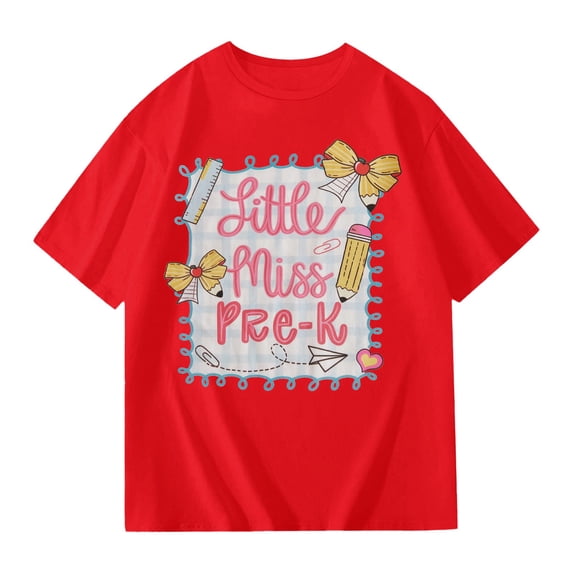 Bysome Summer Girls Shirts Back to School Cartoon Print Short Sleeve Crew Neck Tops First Day of School Comfortable Girl Tees Size 3-4 Years Red