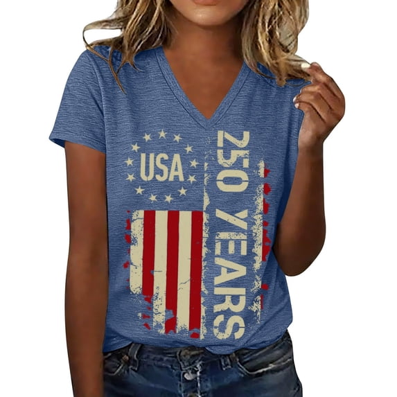 Bysome T-Shirts For Women 4Th Of July Independence Day Usa Letter Flag Print Short Sleeve V Neck Shirts Summer Breathable Women Tops Size Xl Light Blue
