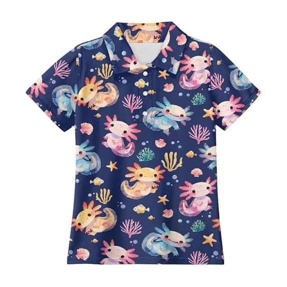 Bysome T-Shirts for Boys Flower Cartoon Print Short Sleeve Lapel Neck Tees Lightweight Boys Top Size 5-6 Years Navy