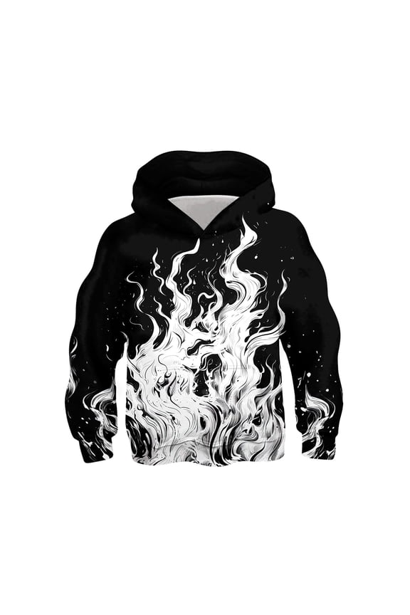 Teen Hoodies For Big Boys Fire Print Trendy Long Sleeve Hooded Comfortable Black Pullover Tops Size 12-13 T