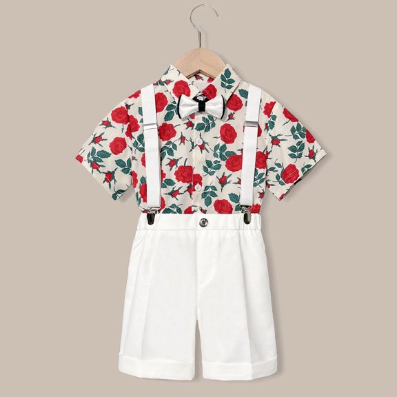 Bysome Toddler Boy Outfit Size 1 Years-2 Years Kids Summer Cartoon Printed Short Sleeve Shirt Solid Color Suspenders Shorts Bow Tie 4Pc Children Performance Suit Red Boy Outfit Set