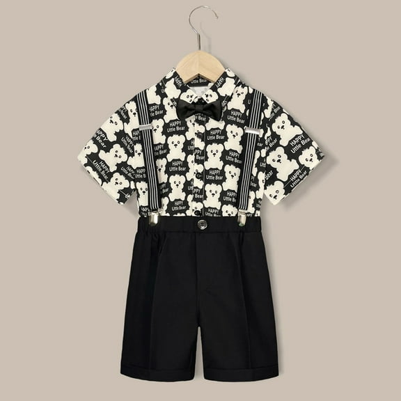 Bysome Toddler Boy Outfit Size 2 Years-3 Years Kids Summer Cartoon Printed Short Sleeve Shirt Solid Color Suspenders Shorts Bow Tie 4Pc Children Performance Suit Black Boy Outfit Set