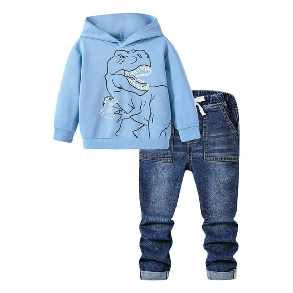 Bysome Toddler Boys Outfit Set Cute Printed Long Sleeve Hoodie Denim Pants Suit Long Sleeve Crew Neck Cute Print Boys Clothing Set Blue Size 4-5 Years