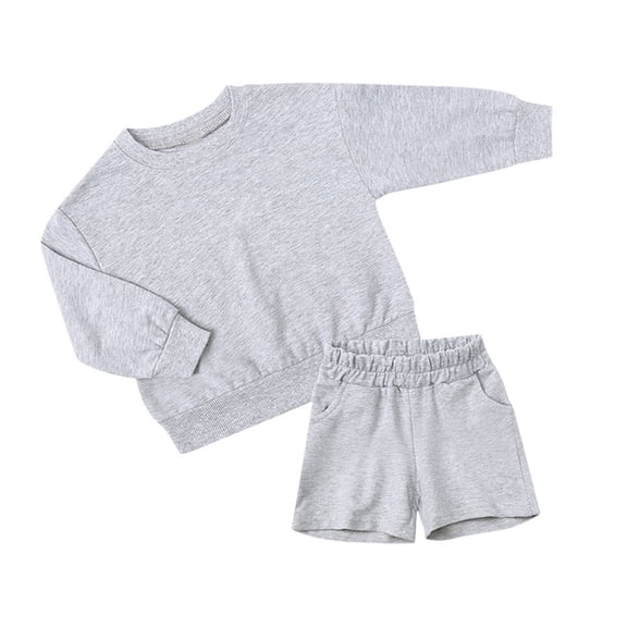 Bysome Toddler Boys Outfit Set Girls 2 Pcs Pullover Thin Sweat Suit Unisex Kids Long Sleeve Hoody Tops Elastic Waist Shorts Pockets Set Crew Neck Boys Clothing Set Light Gray Size 2-3 Years
