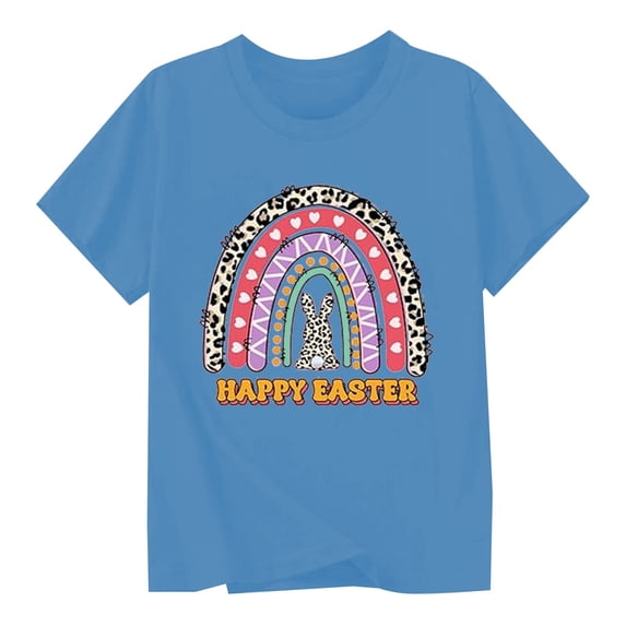Bysome Toddler Girl Easter Tops Crew Neck Short Sleeve Bunny Cartoon Print Summer Casual Soft Sky Blue Girls Tees Size 10-11 Years