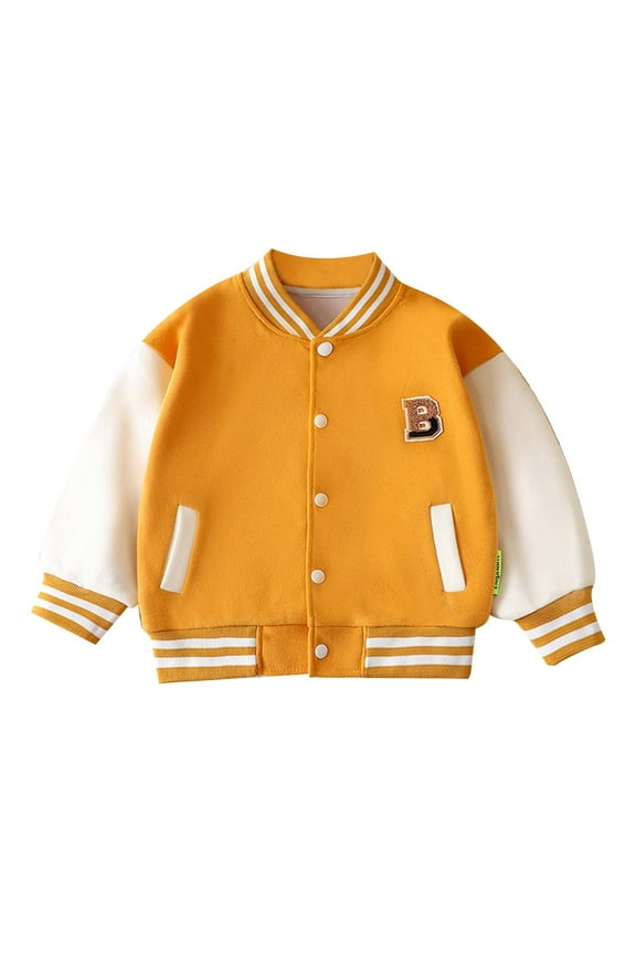 Toddler Girls Coat Boys Long Sleeve Outwear Jacket Patchwork Baseball Clothes Long Sleeve Crew Neck Cute Print Kids Coat Yellow Size 8-9 Years