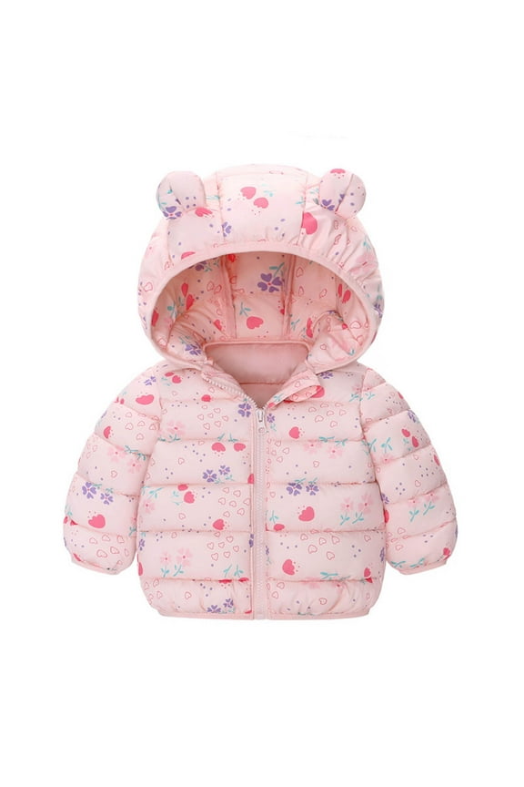 Toddler Girls Coat Down Jacket Winter For S Soft Hooded With Ears Design Warm Thickened Outerwear For Baby Long Sleeve Crew Neck Cute Print Kids Coat Pink Size 18-24 Months