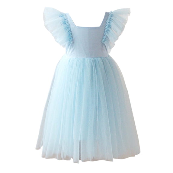 Bysome Toddler Girls Dress Solid Color Short Sleeve Square Neck Summer Lightweight Girls Dresses Size 3-4 Years Sky Blue