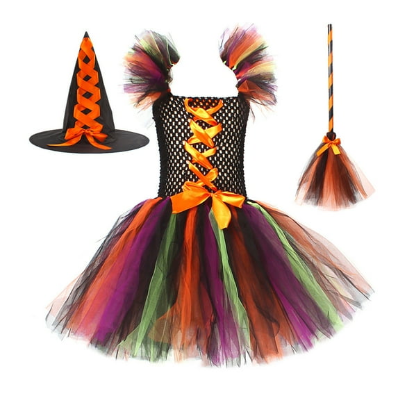Bysome Toddler Girls Outfit Set Kids Baby Pageant Witch Halloween Party Tulle Dresses With Hat Broom Fancy Dress Up Long Sleeve Crew Neck Cute Print Girl 2 Pieces Clothes Set Orange Size 2-3 Years