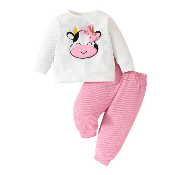 Bysome Toddler Girls Outfit Set Long Sleeve Tops Shirt Cartoon Dairy Cow Prints Pants Outfits Long Sleeve Crew Neck Cute Print Girl 2 Pieces Clothes Set Red Size 6-9 Months
