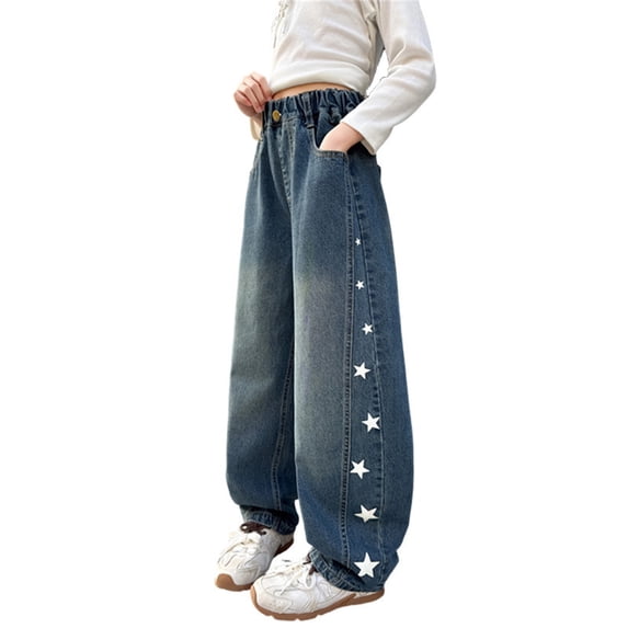 Bysome Toddler Girls Pants Star Print Loose Fit With Pockets Jeans Elastic Waist Comfort Fall Pants Size 4-5 Years