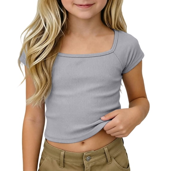 Bysome Toddler Girls Shirt Solid Color Short Sleeve Square Neck Tops Summer Comfortable Girls Tees Size 9-10 Years Grey